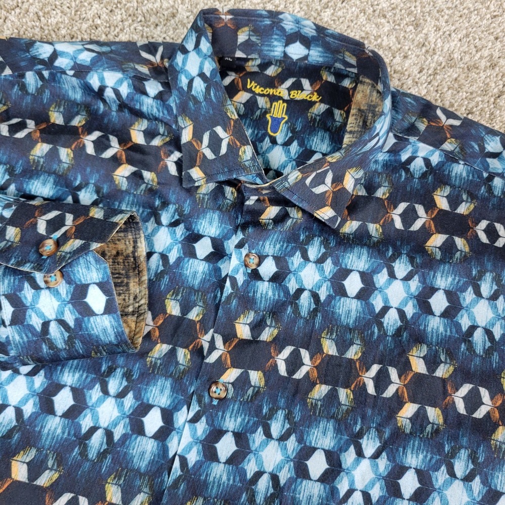 Visconti Black Mens XL Blue AOP Geometric Button Down Long Sleeve